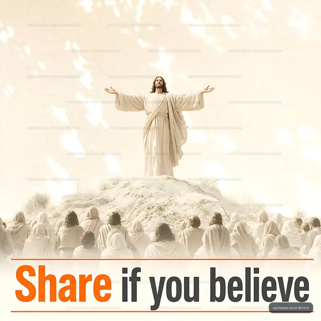 Jesus standing with open arms on a hill with followers below