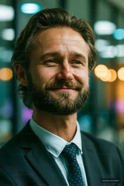 Businessman with a beard smiling in a modern office setting