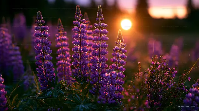 Lupine flowers bloom during sunset in a scenic landscape
