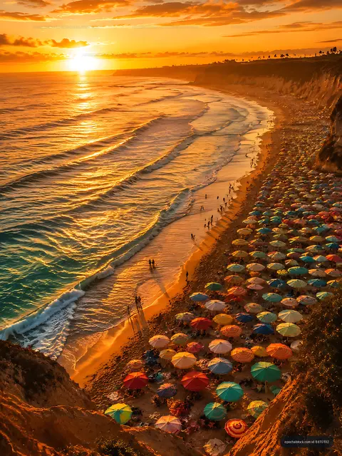 Sunset over crowded beach with colorful umbrellas and waves