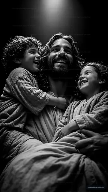Joyful moment with a man and children in dark setting