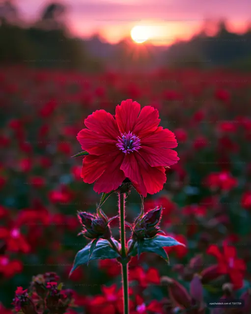 Red flower in a field at sunset with a pink sky