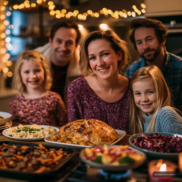 Family enjoying a meal together in a warm kitchen setting