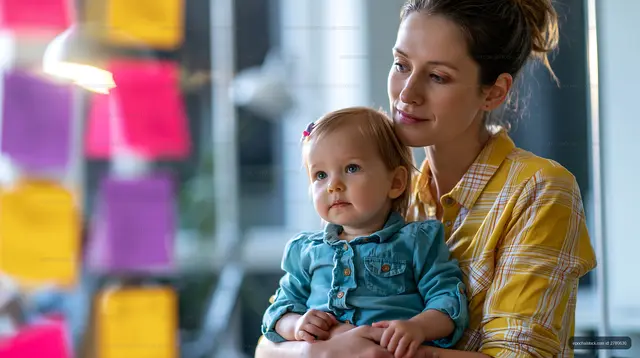 Mother and child looking at colorful notes in a modern workspace