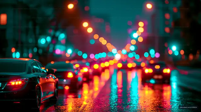 City street at night with traffic and colorful lights