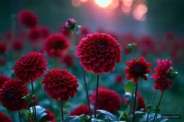 Red dahlias in a garden at sunset