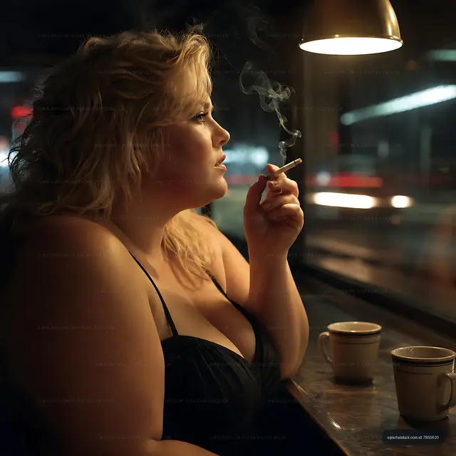 Woman smoking in a cafe with a look of contemplation at night