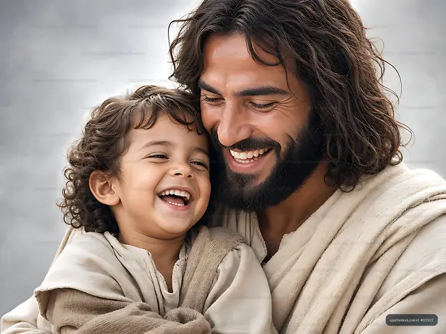 Man and child sharing laughter in close embrace