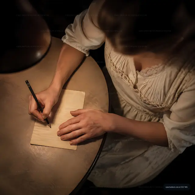 Writing a letter at a wooden table with a lamp in the evening