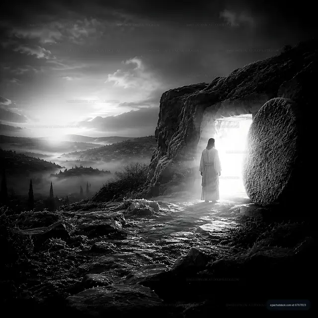 Light emerging from a tomb with a figure standing at the entrance