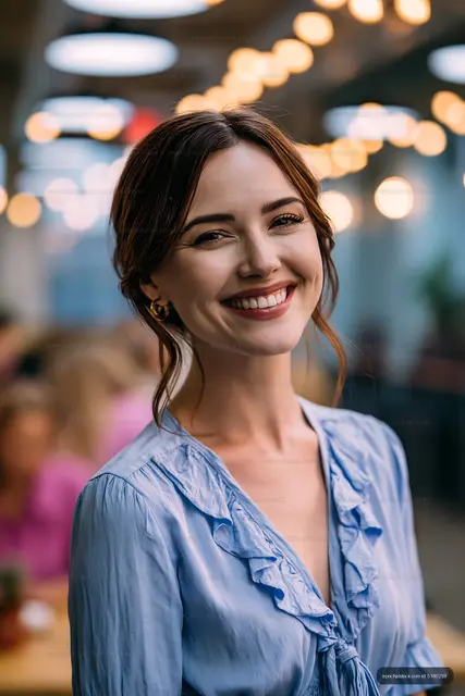 Woman smiling in a casual setting with warm lighting