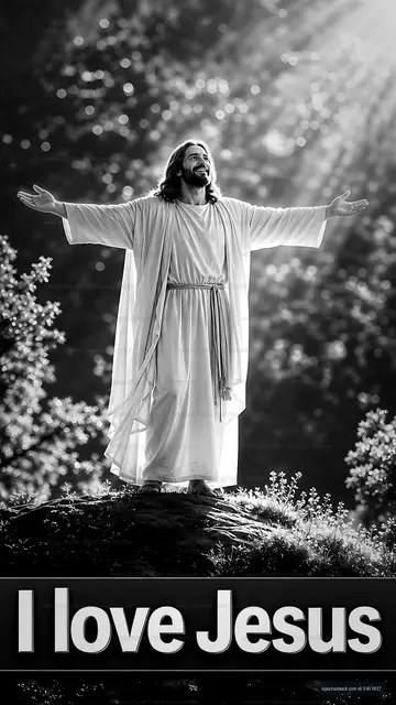 Jesus standing with arms open in a natural setting