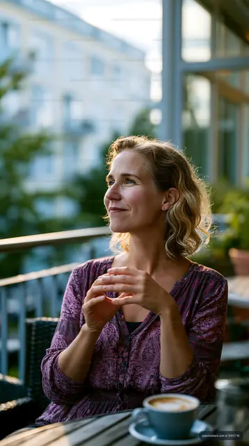 Woman sitting at cafe table with coffee in the afternoon light
