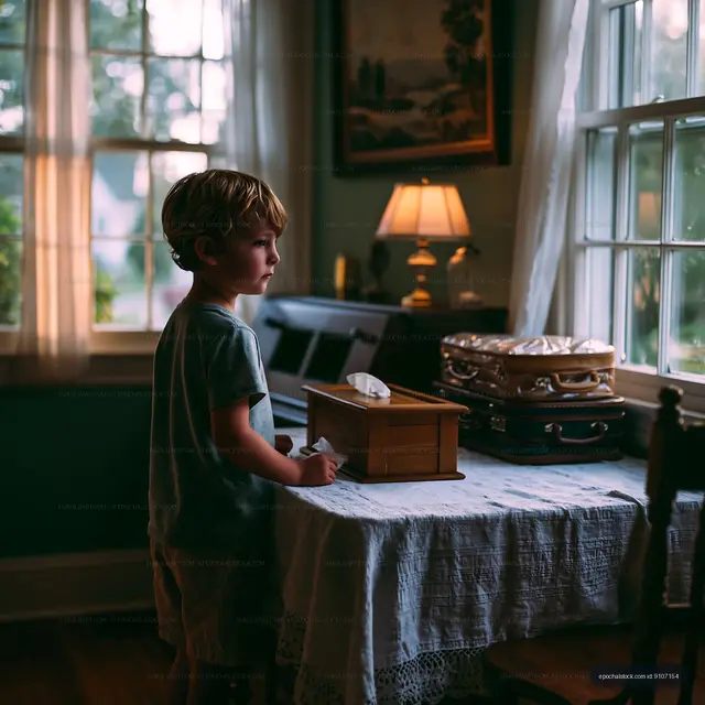 Boy stands by table looking out window in cozy room