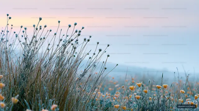 Frost-covered flowers in a field during early morning light
