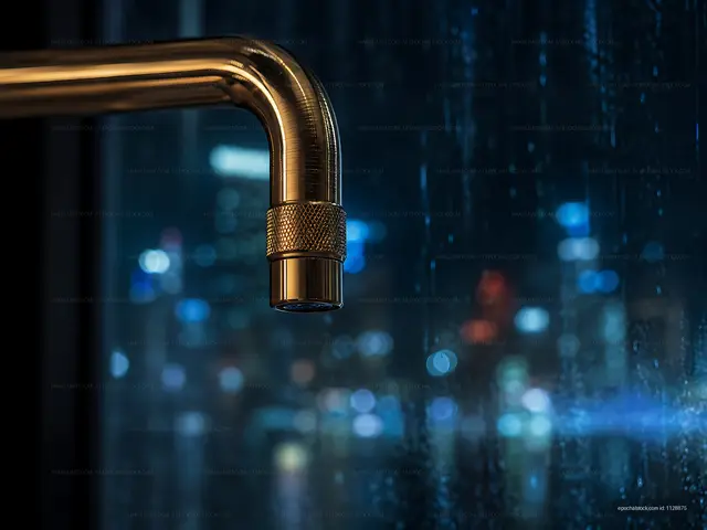 Shiny faucet above blurred city lights during nighttime