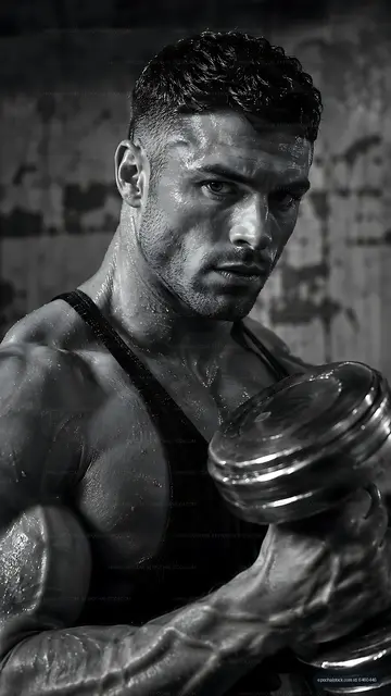 Muscular man lifting dumbbell in gym environment