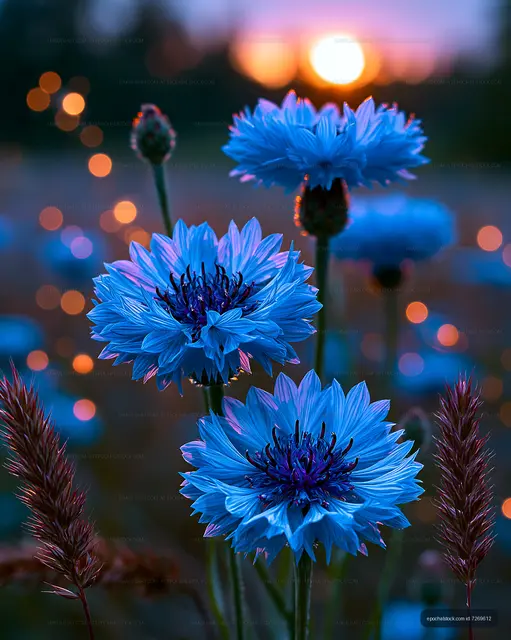 Blue flowers during sunset in a natural field