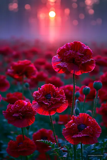 Red poppy flowers in field during sunset