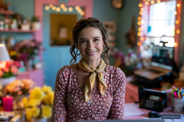 Florist managing flowers in a vibrant shop with warm lighting