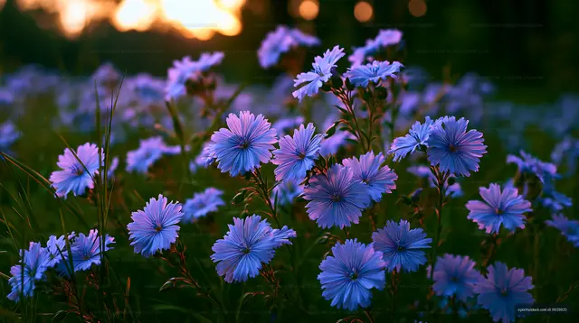 Wildflowers bloom under sunset in a grassy field