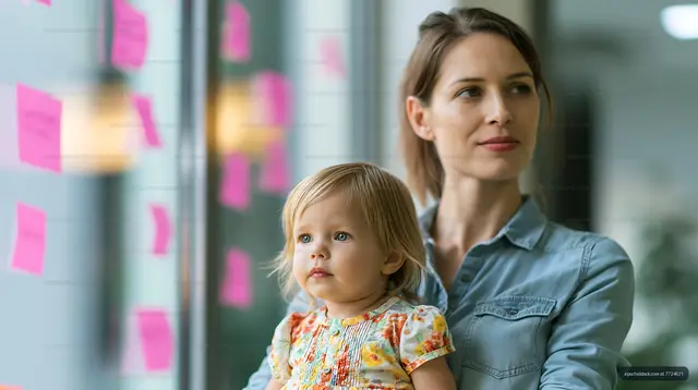 Mother holding child indoors by a window with colorful notes