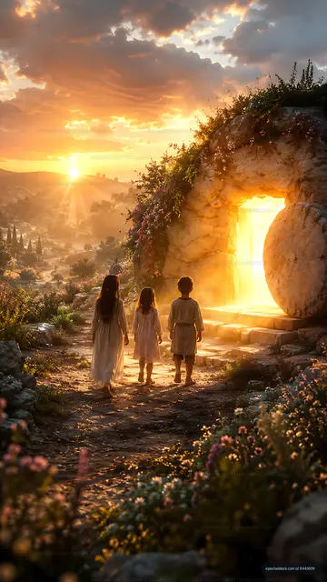 Children walking towards an illuminated entrance at sunset