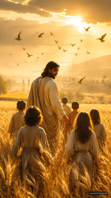 Walking through wheat fields with children at sunset