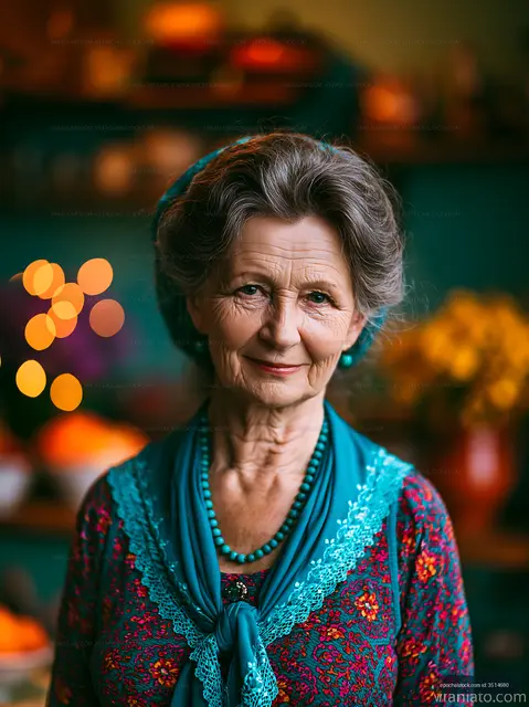 Elderly woman smiling in front of colorful home decor