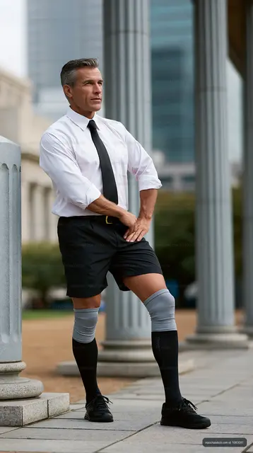 Business man stretching outdoors in formal wear
