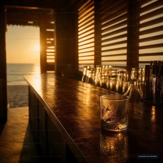 Sunset view of a drink on a bar near the beach
