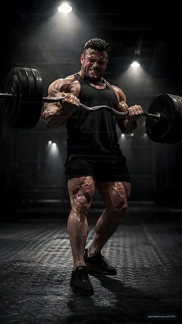 Muscle man lifting heavy weights in a gym