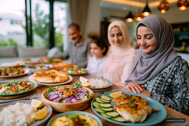 Family gathers around table filled with dishes during meal time