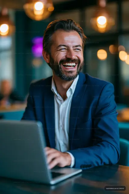 Man smiling while working on laptop in modern cafe