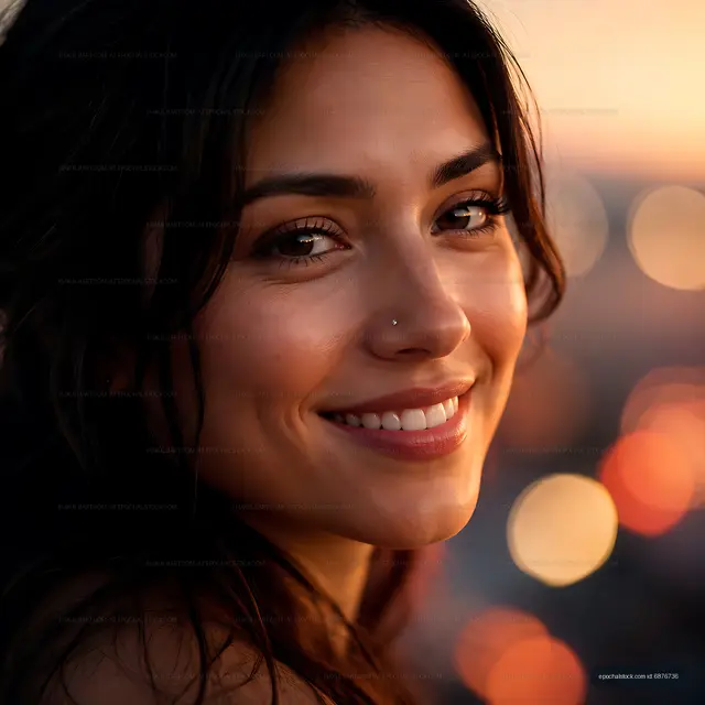 Smiling woman at sunset with city lights in the background