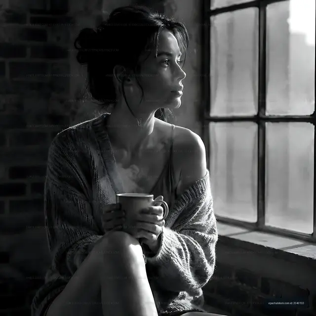 Woman sitting by window holding cup in cozy room
