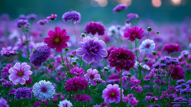 Colorful flower field with various blooms during sunset