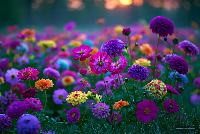 Colorful flower field during sunset in a rural area