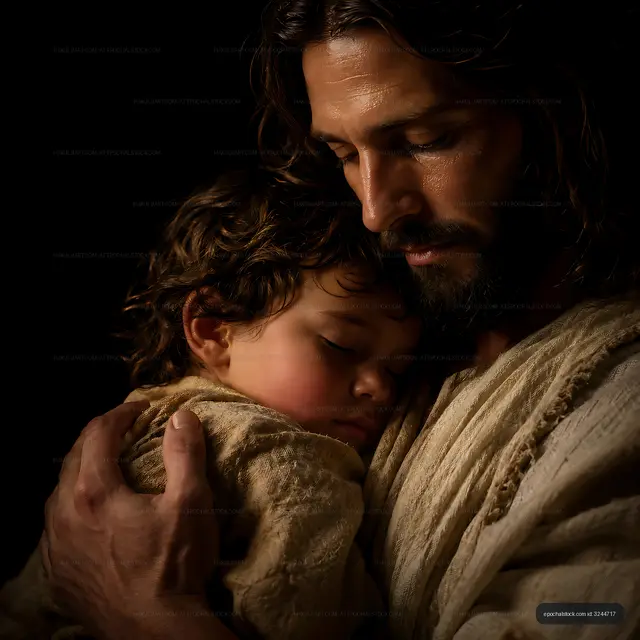 Father embracing child in warm light