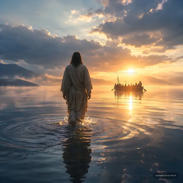 Man walks on water at sunset with a boat in the distance