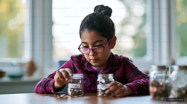 Child counting coins in jars at home on a wooden table