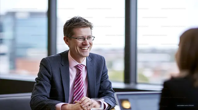 Business meeting in modern office with smiling man in suit