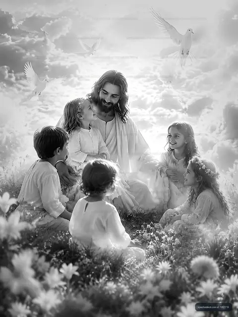 Jesus surrounded by children in a field with doves flying