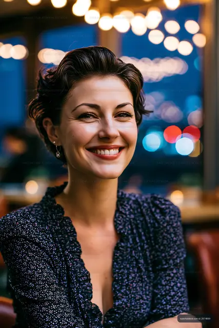 Young woman smiling in cozy restaurant during evening