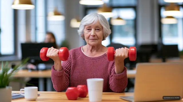 Senior woman exercising with dumbbells in a modern office
