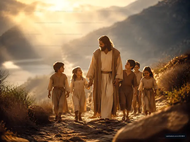 Man walking on a path with children in clothing from ancient times