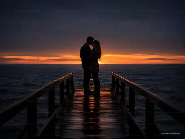 Couple kissing on a dock at sunset by the water