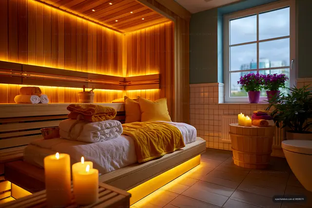 Warm sauna with towels and candles for relaxation