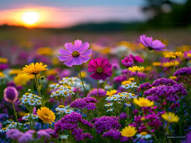 Colorful flowers in a field at sunset