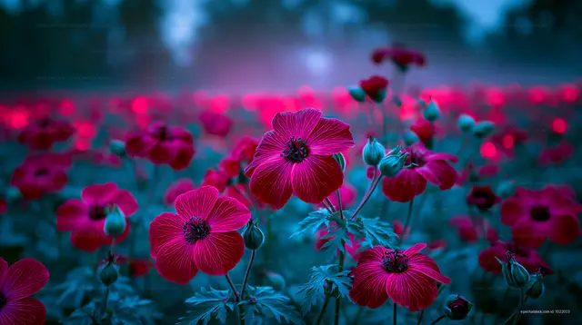 Vivid red flowers blooming in a garden during twilight hours